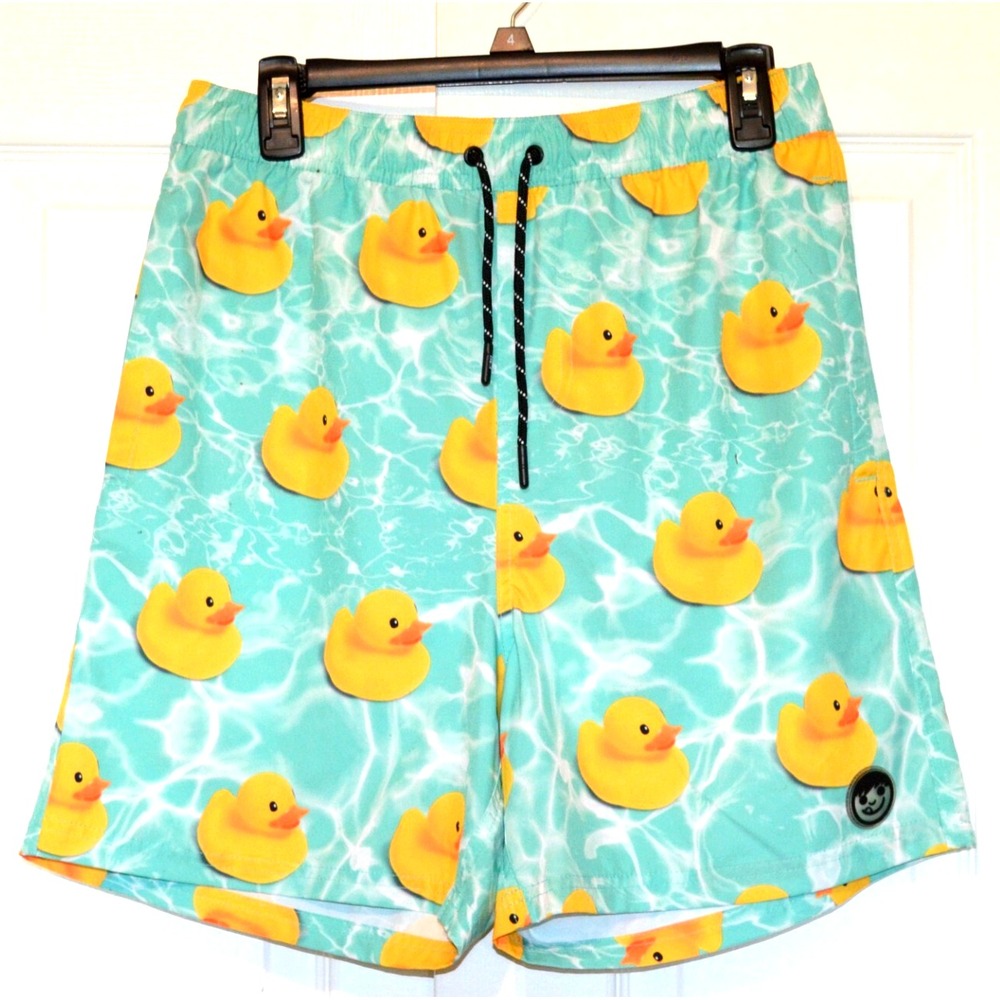 Neff Mens Size L Swim Trunks Shorts Green w/ Rubber Ducks Drawstring Tie
